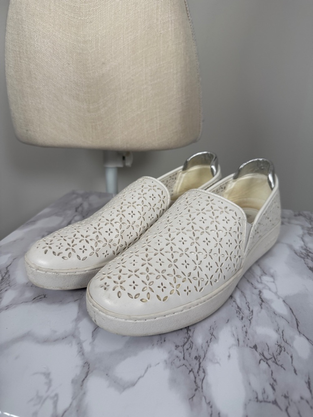 MICHAEL Michael Kors White Perforated Slip-On Clogs with Silver Heel